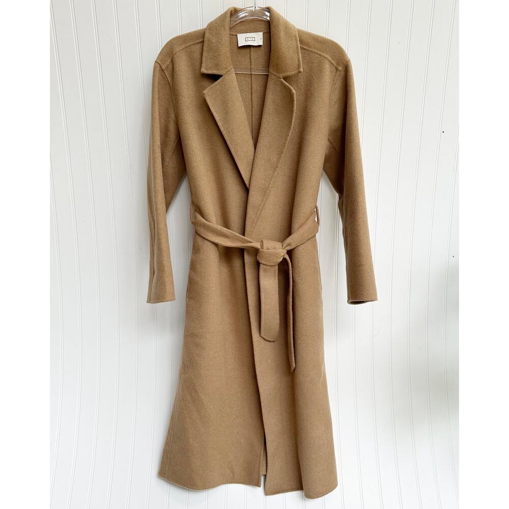 AYR The Closer Belted Camel Trench Coat Recycled Wool Long Wrap Jacket Tan Sz XS